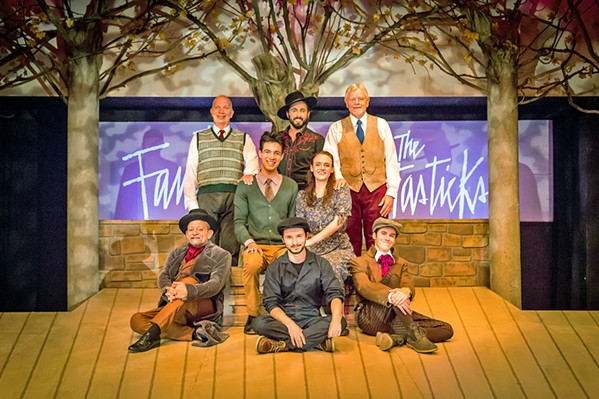 THE CAST Members of The Fantasticks cast pose on stage. Top row, from left: Billy Breed (Hucklebee), Tony Costa (El Gallo), John Lambie (Bellomy). Middle row from left: Ashur Gharavi (Matt), Taylor Hart (Luisa). Bottom row, from left: Mike Mesker (The Actor), Elliot Peters (The Mute), Phineas Peters (Mortimer, The Man Who Dies). - PHOTOS COURTESY OF RYLO MEDIA DESIGN, RYAN C. LOYD