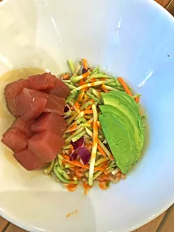 POKE NATURALS This dish must be considered a health food. Brown rice and cabbage slaw. Chunks of fresh ahi on top of all the fixins. Yep, it's Superfood. - PHOTOS BY BETH GIUFFRE