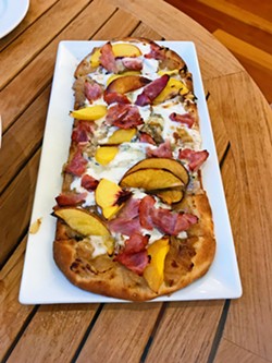 ART PIZZA Is it just me or are you also seeing a Kandinsky? This is the artwork of Chef Lucero: peaches, ham, Gorgonzola cheese, caramelized onions, and fresh basil on a pretty wood-fired flatbread. - PHOTOS BY BETH GIUFFRE
