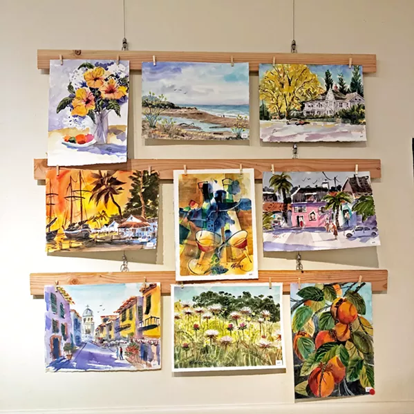 A SAMPLING Late Cambrian artist Steve Kellogg painted hundreds of works in his lifetime. Pictured here are several that are part of his retrospective exhibit at the Cambria Center for the Arts. - PHOTOS BY MALEA MARTIN