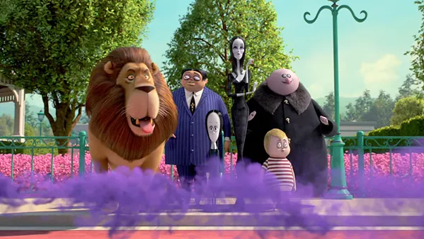 NOT CREEPY AND KOOKY ENOUGH (Left to right) Kitty Kat, Gomez (voiced by Oscar Isaac), Wednesday (voiced by Chloë Grace Moretz), Morticia (voiced by Charlize Theron), Pugsley (voiced by Finn Wolfhard), and Uncle Fester (voiced by Nick Kroll) watch as their relatives arrive for a celebration. - PHOTOS COURTESY OF METRO-GOLDWYN-MAYER