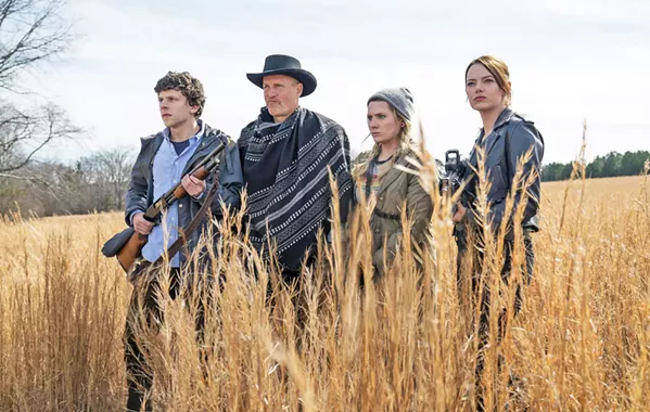 THEY'RE BACK! Dysfunctional quasi-family and zombie apocalypse survivors (left to right) Columbus (Jesse Eisenberg), Tallahassee (Woody Harrelson), Little Rock (Abigail Breslin), and Wichita (Emma Stone) return in Zombieland: Double Tap. - PHOTO COURTESY OF COLUMBIA PICTURES