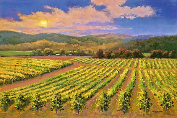 LANDSCAPES GALORE Sheryl Knight's Sunset Moment features the classic rows of grape vines that the Central Coast is famous for. The piece is on display at her Park Street Gallery exhibition through Oct. 31. - IMAGE COURTESY OF SHERYL KNIGHT