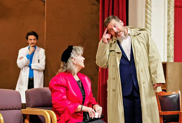 FRIENDLY ELWOOD Elwood P. Dowd (Hank Wethington) shares a moment with Betty Chumley (Mary Alvarado), the wife of Dr. Chumley (Christopher Law), who runs a sanitarium. The younger doctor at the sanitarium, Dr. Sanderson (Landen Scott), looks on. - PHOTOS COURTESY OF IAIN MACADAM