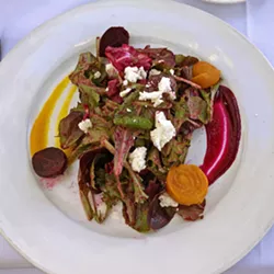 BEET SEASON Novo owner Robin Covey, who opened Robin's in Cambria in 1985 (the area's first farm-to-table restaurant), personally selects everything seasonal for Novo's menu from the downtown SLO farmers' market. Right now the beets are fresh and flavor packed. Chef Avila recommends the beet salad for your first course. Garnished with a lovely two-colored beet purée and topped with Central Coast Creamery goat cheese, it will feed your body and soul. - PHOTOS BY BETH GIUFFRE