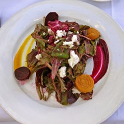 BEET SEASON Novo owner Robin Covey, who opened Robin's in Cambria in 1985 (the area's first farm-to-table restaurant), personally selects everything seasonal for Novo's menu from the downtown SLO farmers' market. Right now the beets are fresh and flavor packed. Chef Avila recommends the beet salad for your first course. Garnished with a lovely two-colored beet pur&eacute;e and topped with Central Coast Creamery goat cheese, it will feed your body and soul. - PHOTOS BY BETH GIUFFRE