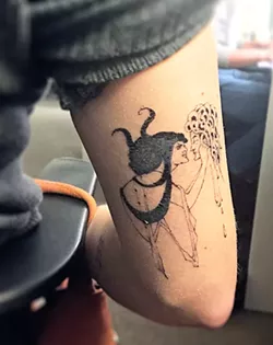 NO RAGRETS Based on an illustration by Aubrey Beardsley, my new tattoo was hand-poked with love at Come What May in LA. - PHOTOS BY KASEY BUBNASH