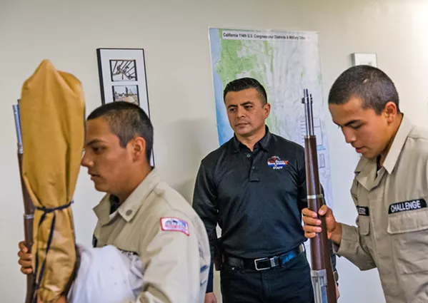 INSPIRE OTHERS Sgt. First Class Angel Salcido (middle) was inspired to work for the Grizzly Youth Academy after mentoring his nephew who was a cadet in Class No. 22. - PHOTOS BY JAYSON MELLOM