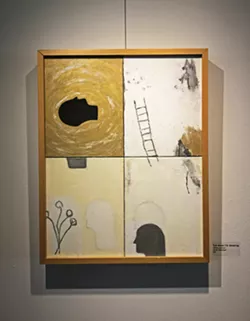ON THE WALL Javier Manrique's four-panel oil painting titled Tell Them I'm Sleeping features recurring imagery with a neutral color palette. - PHOTOS BY MALEA MARTIN