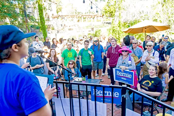BOOST FOR BERNIE About 75 local voters attended a "Bernie Barnstorm" in downtown San Luis Obispo to support Sen. Bernie Sanders (D-Vermont) for president on Feb. 16. - PHOTOS BY JAYSON MELLOM