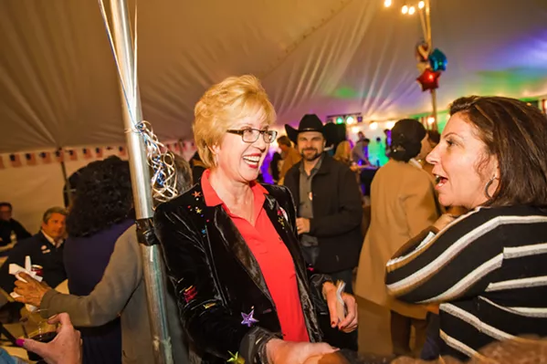 IN THE LEAD Stacy Korsgaden celebrates her election night lead over incumbent SLO County 3rd District Supervisor Adam Hill at a party in Pismo Beach. - PHOTO BY JAYSON MELLOM