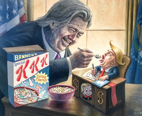 IRREVERENT Mark Bryan’s political satirical oil painting, Feeding the Baby, depict former White House Chief Strategist Steve Bannon feeding President Donald Trump a spoonful of sugar-coated KKK Cereal with Klan hood-shaped marshmallows. - IMAGES COURTESY OF MARK BRYAN