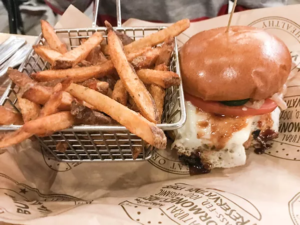BISON BURGIE You choose from seven vegan and plant-based burgers, salmon, turkey, hot dogs, or lamb, or you can explore the diverse menu of meat burgers made of elk, boar, ostrich, or the bison burger, pictured here. - PHOTO BY BETH GIUFFRE