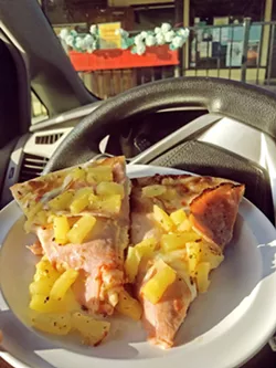 MADE IN THE SHADE At Gino's Pizza SLO, you can choose your toppings or go for one of the specialties, like this Hawaiian pizza. The hand tossed pizzas are available in thin or thick crust. - PHOTO BY BETH GIUFFRE