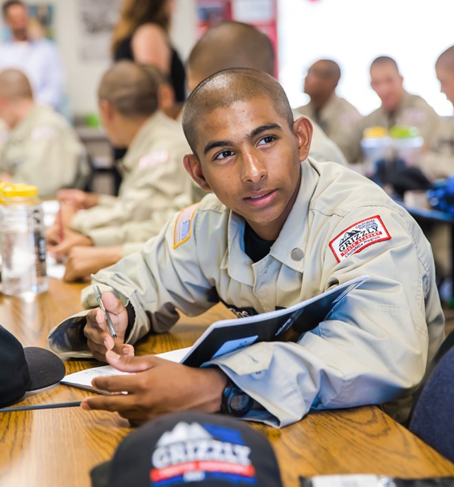 ALWAYS LEARNING Academics aside, Grizzly cadets like Noah Landeros are constantly learned ways to cope, how to plan for their future, and how to work with others.