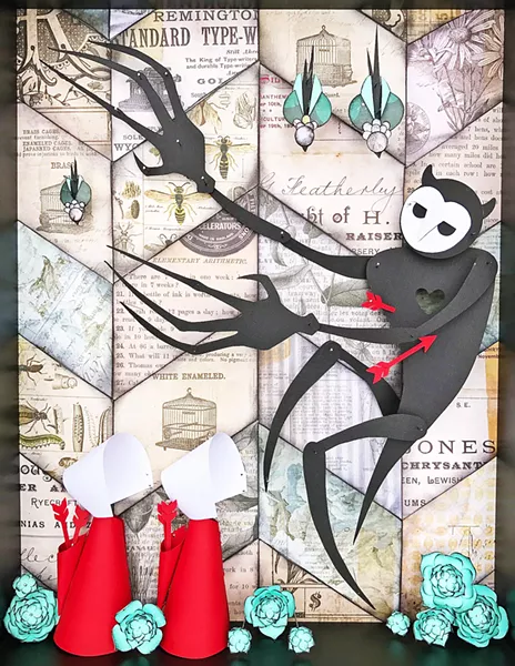 LENA RUSHING Margaret Atwood's invented red cloak and white bonnet from The Handmaid's Tale, about a dystopian theocracy, makes an appearance in Mayday. - COURTESY IMAGE BY LENA RUSHING