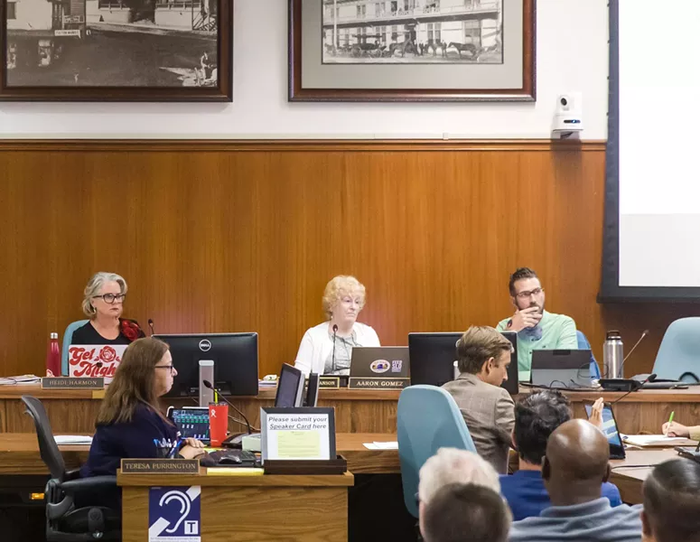 SPEAKING OUT SLO City Councilmember Aaron Gomez (far right) criticized a city tourism marketing plan on Oct. 20, saying it conflicts with COVID-19 orders and SLO's environmental goals. - FILE PHOTO BY JAYSON MELLOM