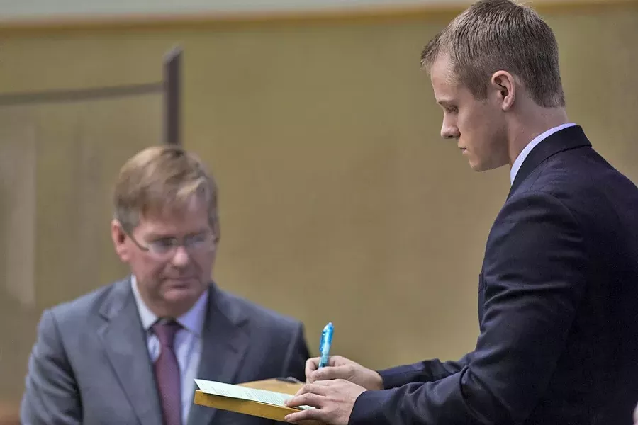 SHIFTING GEARS: Cal Poly student and former Delta Sigma Phi president Gear McMillan—seen here during his arraignment on Oct. 21, 2014—signed a plea agreement on Feb. 6 of this year. His sentencing for felony drug possession—stipulated to include no more than one year in - county jail—is set for April 17. - FILE PHOTO BY KAORI FUNAHASHI
