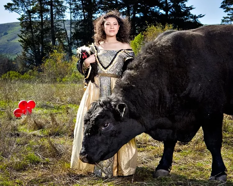 COCK AND BULL STORY : Models: Tanya Gallardo, Elvis (the rooster), and bull with no name. Art director: Ashley Schwellenbach. Hair and makeup by Shelby Hood. - PHOTO BY STEVE E. MILLER