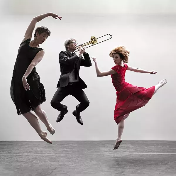 JUMP FOR JOY : Dancer/choreographer Lisa Deyo (left) is pictured with trombone player Steve Carlson (center) and the Civic Ballet’s Harmony True (right). - PHOTO BY BARRY GOYETTE