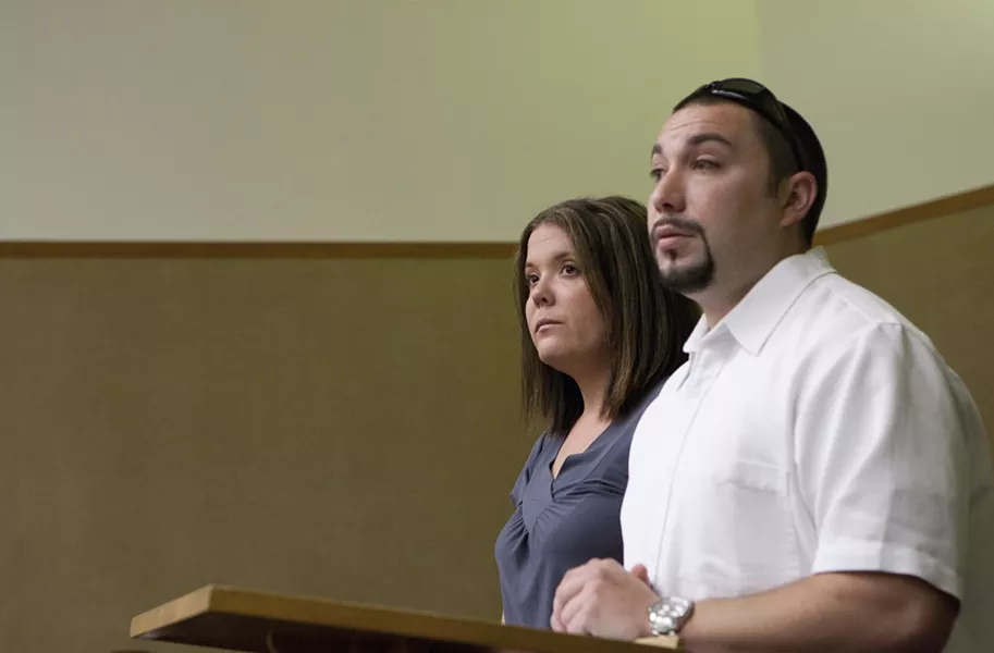 DRUG DEALERS? : Christopher Costley and Amber Carter stand before Superior Court Judge Barry LaBarbera moments before Costley’s misdemeanor marijuana possession charge was dismissed. Carter faces a misdemeanor charge of marijuana possession and a felony charge of possessing four Vicodin pills for sale. - PHOTO BY STEVE E. MILLER