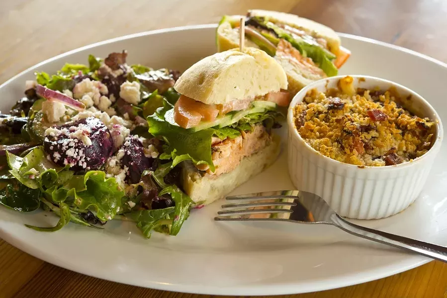 BRICK WORKS TRIO : One of the many trio selections at the new restaurant Taste includes mixed baby greens with Cotija cheese and a toasted coriander lime vinaigrette, Salmon Sammy sandwich and sharp cheddar, with bacon macaroni and cheese. - PHOTO BY STEVE E. MILLER