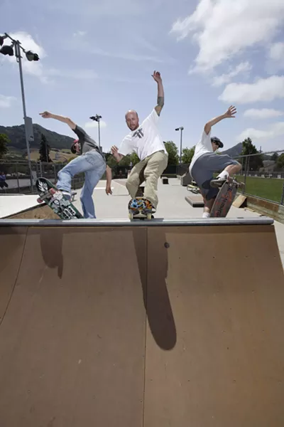 NOT OVER THE HILL YET : Jonny Miller, Jono Hicks, and Scott Kam (left to right) are pushing for a new skate park in San Luis Obispo; one of the biggest challenges has been in organizing the skaters who will use it. - PHOTOS BY STEVE E. MILLER