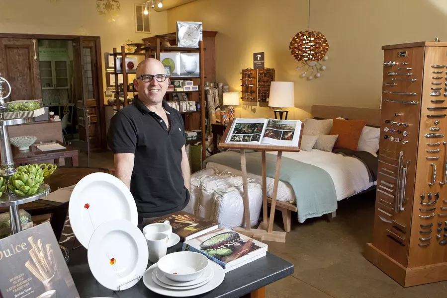 SPECIAL WARES : Recently transplanted from Boston, Chuck Quinn has opened a new home decoration store, C W Quinn Home, in what’s soon to be dubbed the “Design District” off of Tank Farm Road. - PHOTO BY STEVE E. MILLER