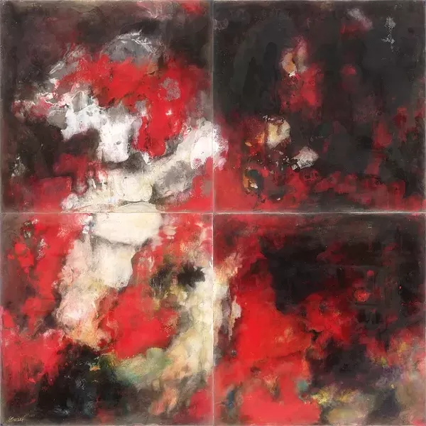 RAISE THE ALARM: After a long bout of not painting, Flo Bartell was on fire to create and finish '4 Alarm,' an encaustic abstract piece comprised of four canvasses. - IMAGE COURTESEY OF SLOMA