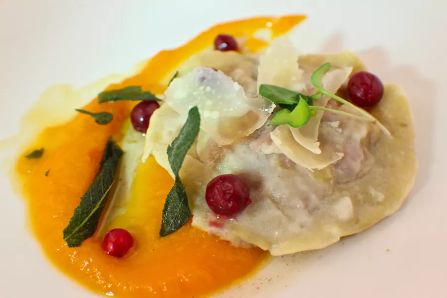 SECOND COURSE: Robin’s Restaurant in Cambria is presenting four courses for $40. One option for the second course is a butternut squash, chestnut, and cranberry - raviolo with brown butter, pink peppercorns, and sage. - PHOTO COURTESY OF ROBIN’S RESTAURANT