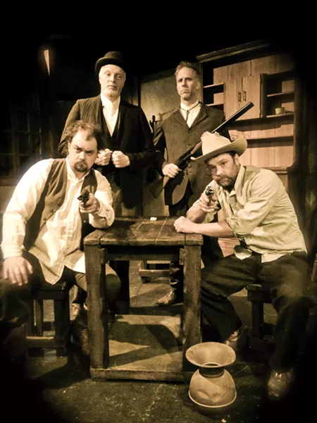 NO SMILES HERE: Jake McGuire directs (from left to right) Matthew J. Hanson as Billy the Kid, Tom Ammon as Ash Upson, Dave Linfield as Jim Miller, and Brian Williams (not that Brian Williams!) as Pat Garrett, in Lee Blessing’s 'The Authentic Life of Billy the Kid.' - PHOTO BY JAKE MCGUIRE