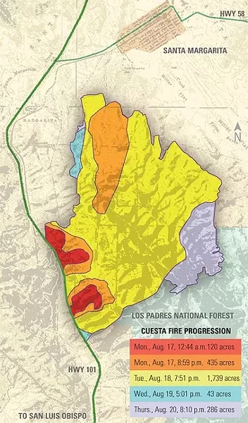 BIG-ASS MAP: The unified command fighting the Cuesta Fire used several maps to track the fire and the units responding to it—one of those was affectionately called the “BAM.” Seen in this map is the footprint of the fire and where it spread by day. - SOURCE: CAL FIRE/U.S. FOREST SERVICE