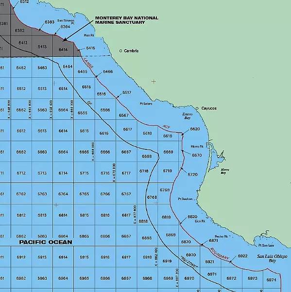 AT RISK OF RIGS? : The federal waters off SLO County have been divided into hundreds of three-mile-by-three-mile blocks by the U.S. Minerals Management Service, ready for potential leasing for offshore oil drilling. Only the Monterey Bay National Marine Sanctuary is permanently off limits. - IMAGE COURTESY OF MINERALS MANAGEMENT SERVICE
