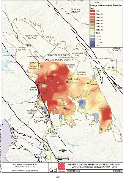 WELLS RUNNING DRY: A second map, released this summer, shows a significant decrease in the span of six years. - IMAGE COURTESY SLO COUNTY PUBLIC WORKS