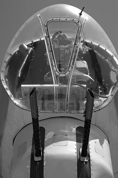 NOSE GUNNER : The B-17 had a number of effective defensive weapons systems, including these twin machine guns in the nose.