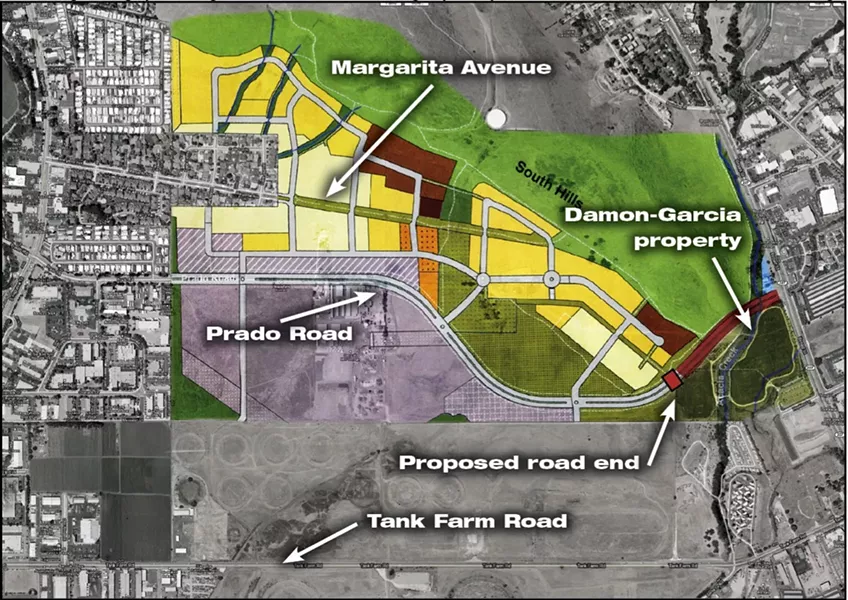 ROAD TRIP: A rendering of the proposed Margarita plan development and the Prado Road extension. If approved, a referendum would stop the western section of the thoroughfare from being built, making Prado Road dead end just before the Damon-Garcia sports fields. (colored map from City of San Luis Obispo) - ©2010 GOOGLE - IMAGERY ©2010 DIGITALGLOBE, USDA FARM SERVICE AGENCY, GEOEYE, DATA CSUMB SFML, CA OPC, MAP DATA ©2010 GOOGLE