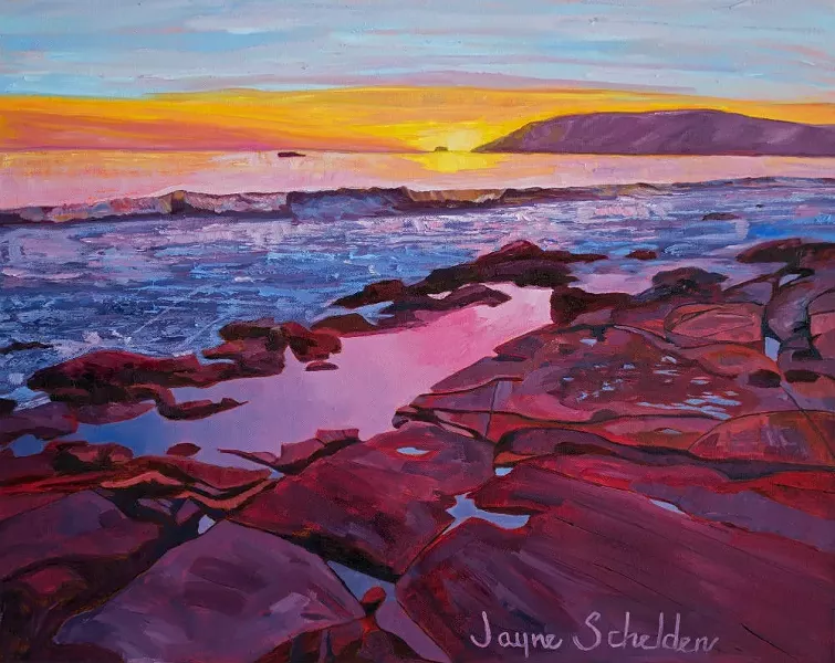 BEFORE SUNSET: Jayne Schelden’s latest exhibit explores local landscapes with vivid colors, as seen in 'Palisades Sunset.' - IMAGE BY JANE SCHELDEN