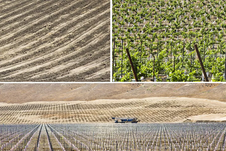 WHERE THERE’S A WELL : Approximately 4,000 acres of proposed irrigated vineyards were exempted from the Aug. 27, 2013, passage of an urgency ordinance intended to stem the tide of new and increasing pumping from the ailing Paso Robles Groundwater Basin. San Luis Obispo County has allowed new building and plantings to continue if water use is offset or minimum requirements are met from a list of possible vested rights exemptions, including the - submission of a well permit application before Aug. 27, 2013. Two well permit applications for the vineyard slated for planting (top left) and a new planting across the street (top right) were submitted two weeks before the ordinance passed. Seen (bottom) is another new vineyard, where Pacific Coast Well Drilling Inc. has been drilling 700- to 800-foot wells. That property submitted 10 well permit applications five days before the ordinance passed, and subsequently received offset exemptions. - PHOTOS BY TOM FALCONER