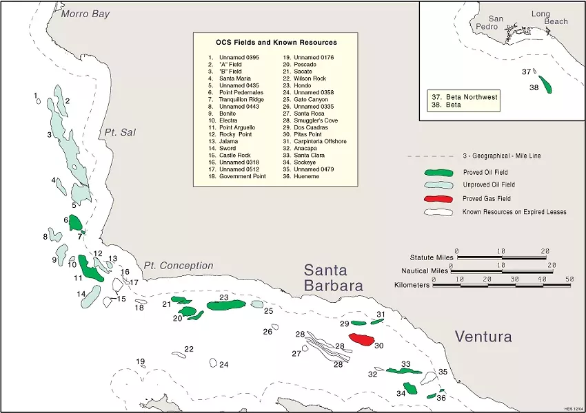 OIL AND WATER : This map shows oil and gas reserves off the Central Coast. This area—together with part of Northern California’s coast—is being considered for drilling. The dotted line running along the shore represents the boundary between state and federal waters, about three miles out. - IMAGE COURTESY OF DEPARTMENT OF INTERIOR/MINERALS MANAGEMENT SERVICE