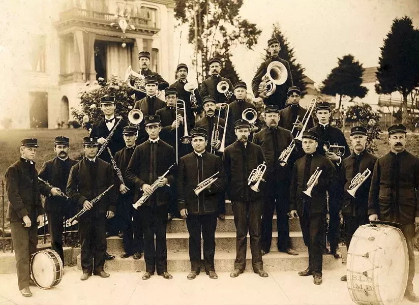 THEN AND NOW : The 136-year-old SLO County Band, as it was and as it is today, plays the Dallidet Abode and Gardens on Aug. 8. - PHOTO COURTESY OF THE SLO COUNTY BAND