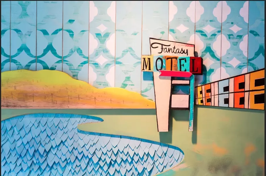 SHANGRI-LA SUITE: Burl Vreeland uses vivid colors and a textured collage of mixed media in "Fantasy Motel." - PHOTO BY HENRY BRUINGTON