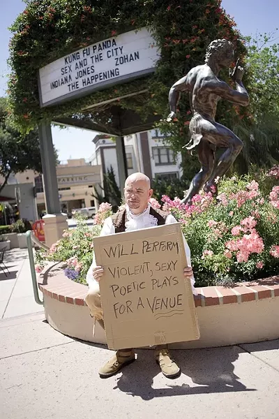 SHAKESPEARE OR BUST: Festival participant and Arroyo Grande High School theater instructor Billy Houck illustrates the festival’s homeless plight. - PHOTO BY STEVE E. MILLER