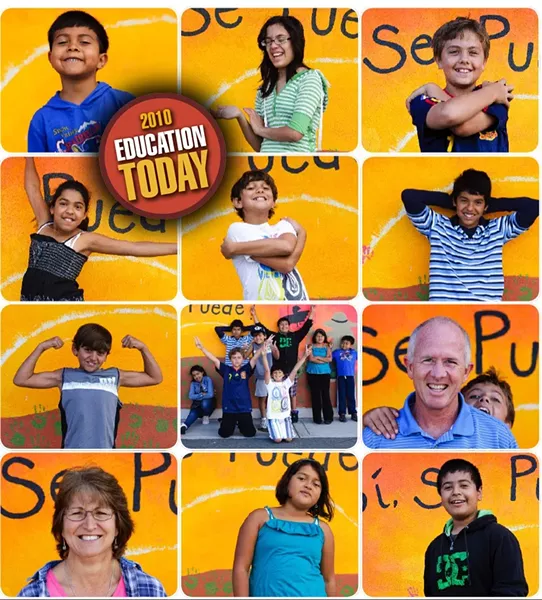 IMMERSED IN LANGUAGE : Pacheco Elementary students, Principal Rick Mayfield, and first-grade teacher Cindy Peters take a break from summer vacation to show their - pride in their school and its two-way language immersion program. - PHOTOS BY STEVE E. MILLER