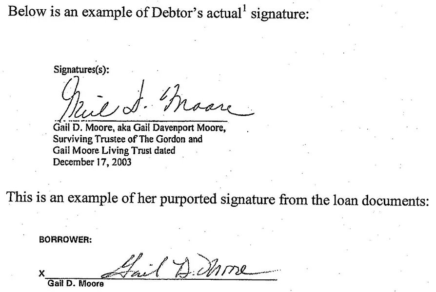 DISCREPANCY : Gail Moore, the mother of embattled local agriculturalist Mark Moore, contends she didn’t sign a $900,000 loan that bears her name. - IMAGE COURTESY OF UNITED STATES BANKRUPTCY COURT
