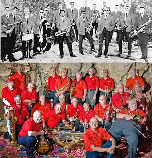 THEN AND NOW : The Cal Poly Collegians Alumni Big Band, with members in 1961 and again last year, performs its annual reunion concert on Aug. 28 at Madonna Inn. - PHOTO COURTESY OF THE CAL POLY COLLEGIANS ALUMNI BIG BAND