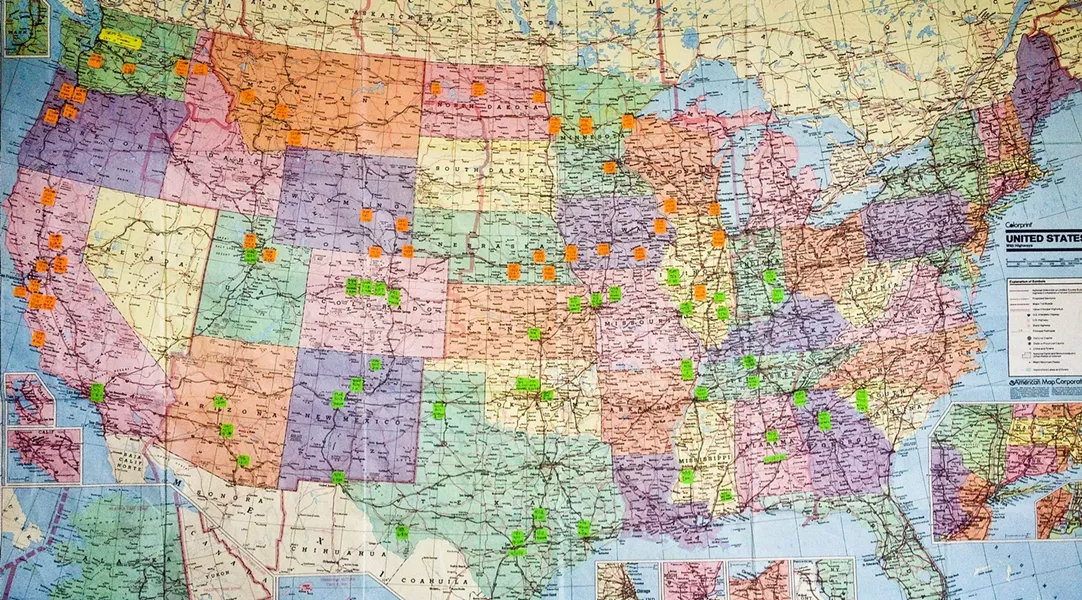CROSS-COUNTRY: Wendelin Van Draanen and Mark Parsons drove a van across the lower half of the country earlier this year, stopping at independent bookstores and speaking at events along the way. That route is marked in green on this map. The couple is now set to embark on a northern section of the tour, with stops marked in orange. - PHOTO BY RYAN MILLER