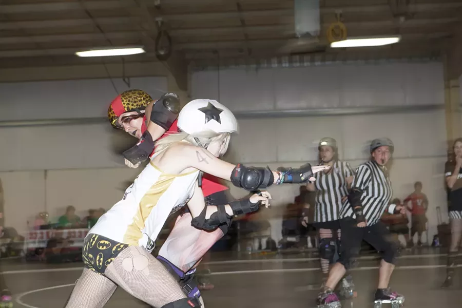 NA NA NA NA NA NA NA NA: CCAD’s Talia al Ghoul goes head to head with Paso Aggressive’s Lola Von Carnage—who was wearing my favorite pair of tights of the night. - PHOTO BY COLIN RIGLEY