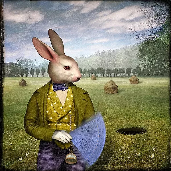 SOMETIMES, JUST ONE SECOND: In the piece 'It all Seemed Quite Natural,' Maggie Taylor’s take on the white rabbit involved many layers, including scanning a porcelain white rabbit figurine onto the computer and scanning a stuffed animal to give Wonderland’s timekeeper a realistically fluffy texture. - PHOTO COURTESY OF MAGGIE TAYLOR