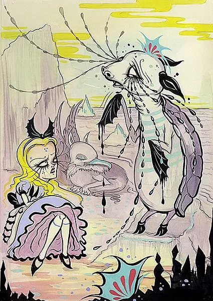 MOCKERY OF A TURTLE: The light blue-striped Mock Turtle cries as he tells his tale of woe to an annoyed Alice in a flowing lavender steam-punk gown in A Mock Turtle’s Story. Meanwhile the Gryphon naps peacefully in the background. - IMAGE COURTESY OF CAMILLE ROSE GARCIA