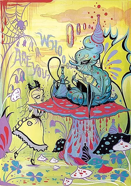 THE EXISTENTIALIST: Are we human or are we giant, drugged-up caterpillars? An exasperated Alice attempts to seek wisdom from the high up in the sky Caterpillar as he partakes in a puff of hookah. The smoke forms the words, “Who are you?” in the piece Advice from a Caterpillar. - IMAGE COURTESY OF CAMILLE ROSE GARCIA